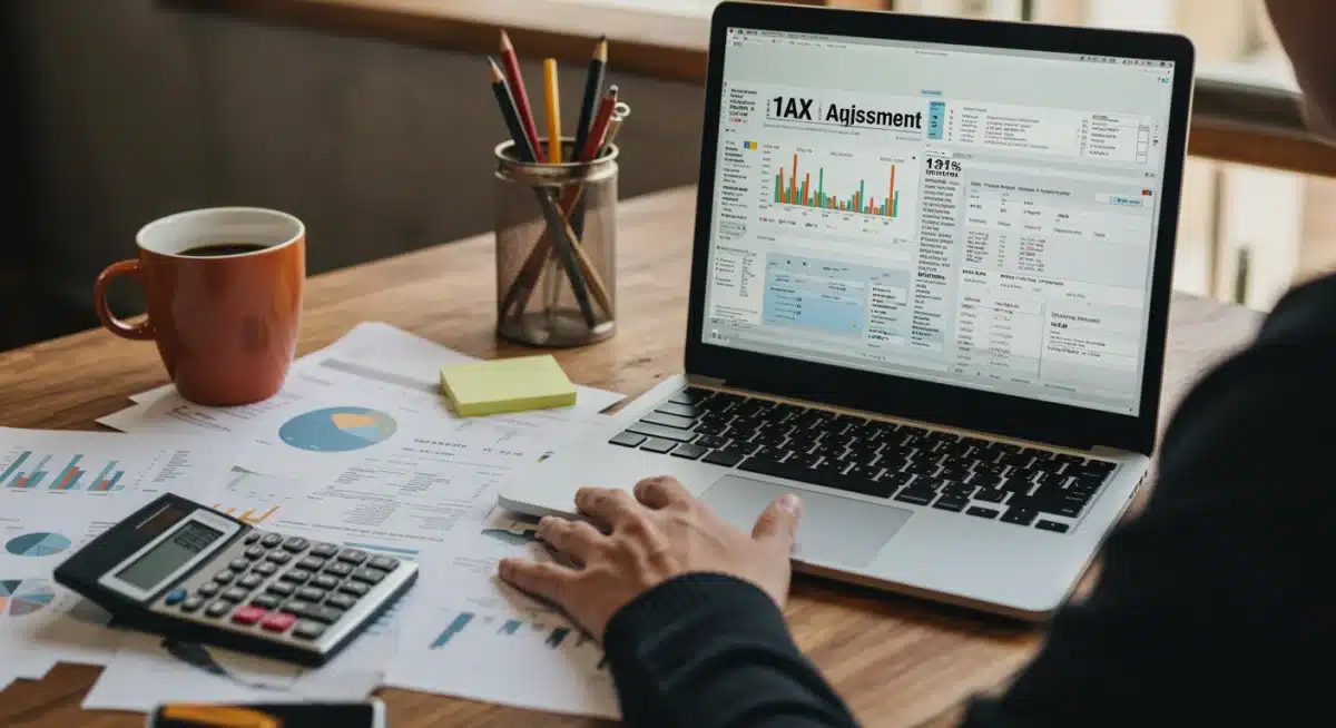 Individual preparing tax documents and financial statements on a laptop