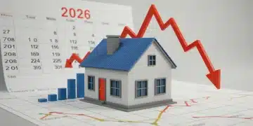 Illustration showing financial charts, a house, and a 2026 calendar for mortgage rate outlook