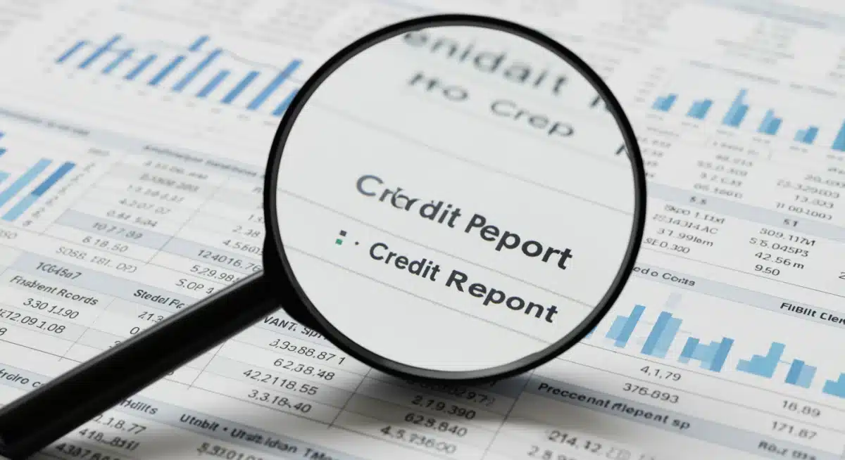Magnifying glass examining detailed credit report sections for errors and accuracy.