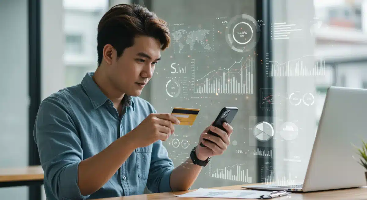 Person managing finances on smartphone with credit card, showing financial progress.
