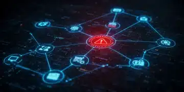 Complex digital cybersecurity threat landscape with government warning symbol and year 2026.