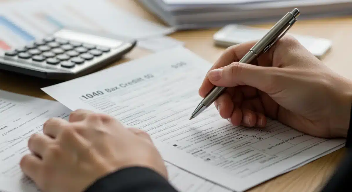Hands filling out a tax form for Child Tax Credit