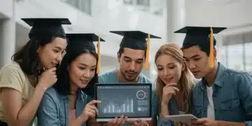 Students reviewing student loan forgiveness information on a tablet
