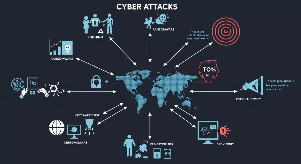 Infographic depicting diverse cyber attack types targeting businesses and infrastructure.