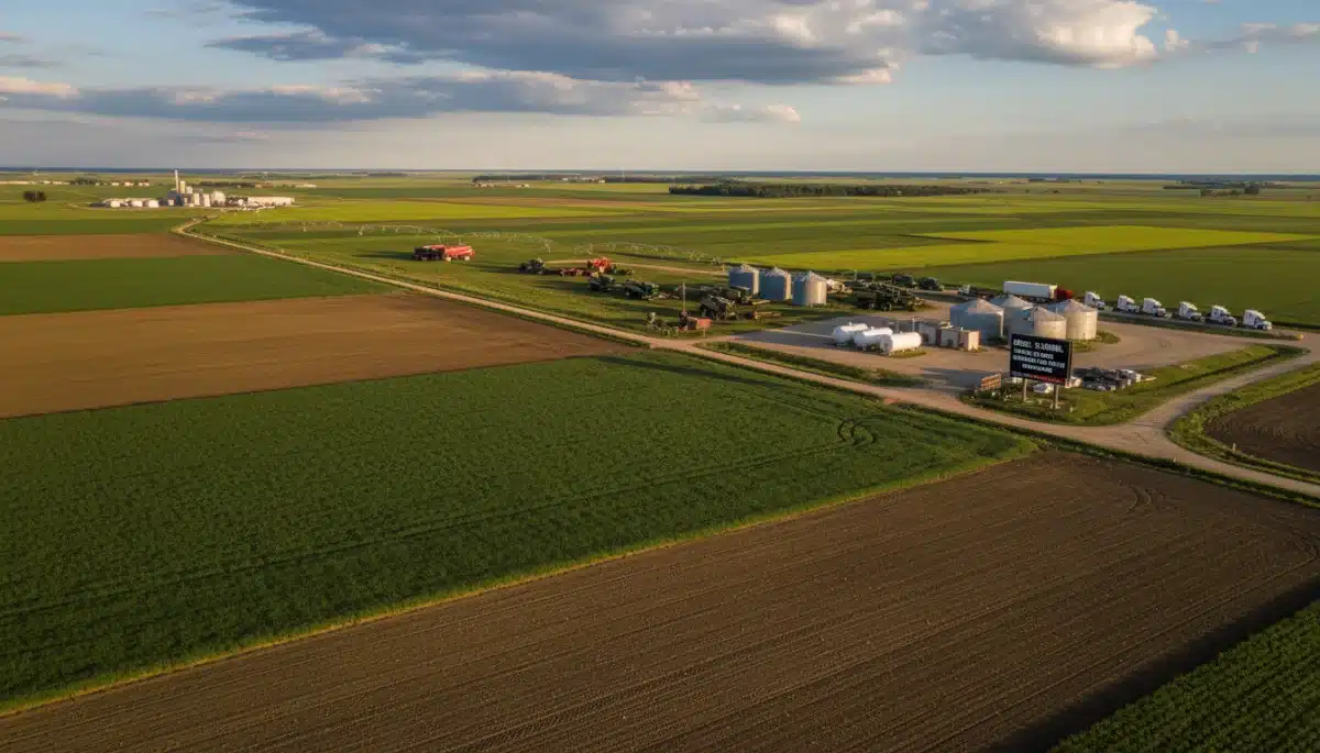 Aerial view of agricultural fields, illustrating factors affecting food production and prices.