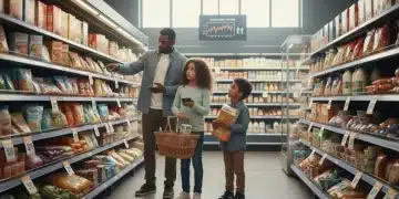 Family shopping in a grocery store, observing rising food prices in 2026