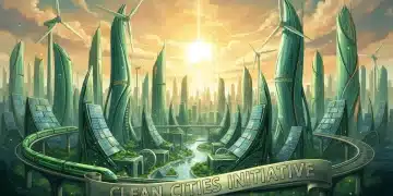 Federal initiatives aiming to reduce emissions by 25% by 2035, depicted with green city and renewable energy.