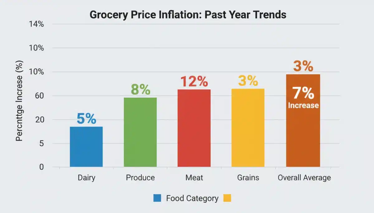 Infographic displaying a 7% increase in grocery costs across various food categories.