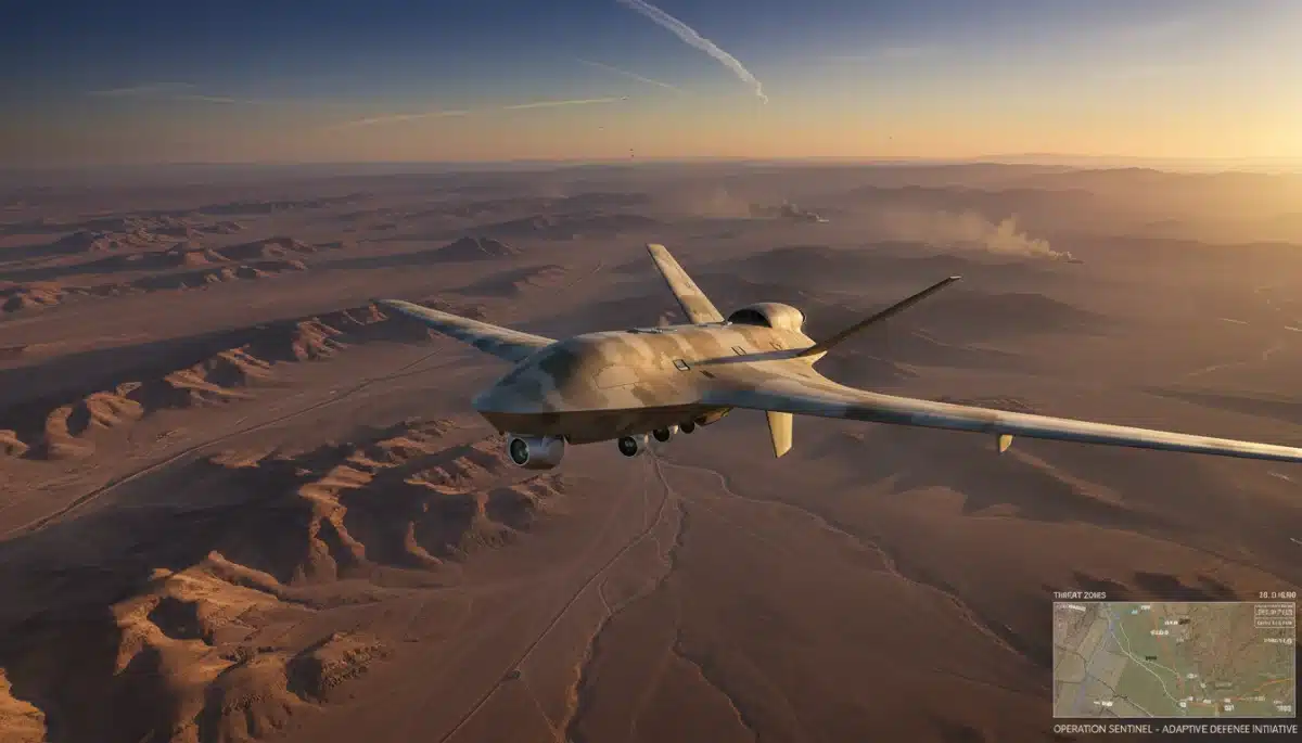 Advanced military drone conducting surveillance over a desert terrain.