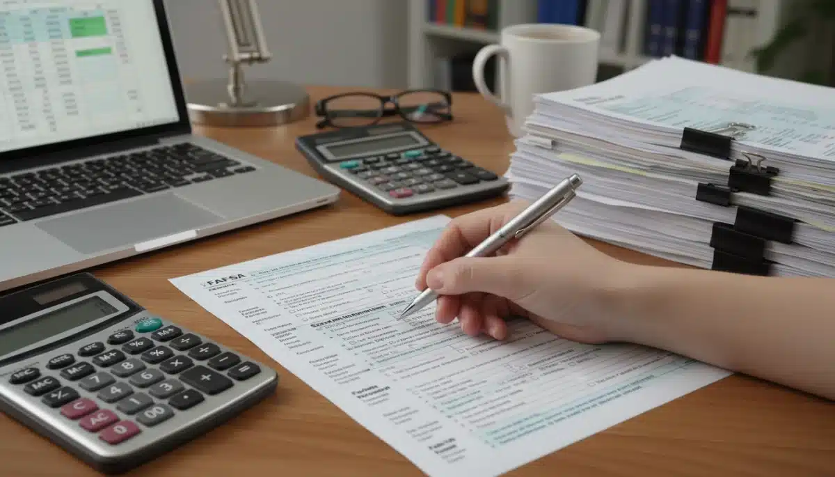 Detailed view of a hand filling out a FAFSA form, emphasizing the complex nature of financial aid applications.