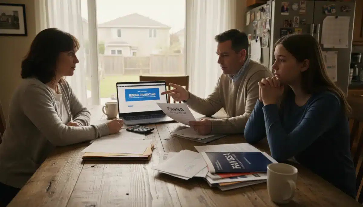 Family discussing college financial aid, planning for future education expenses and FAFSA applications.