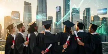 Graduates celebrating with diplomas against a futuristic city, symbolizing master's degree ROI in 2026.