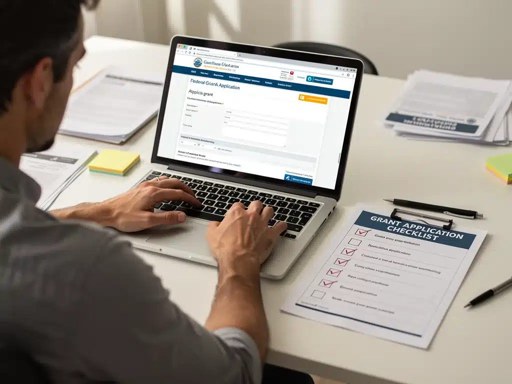 Person completing a federal grant application online, focusing on details.