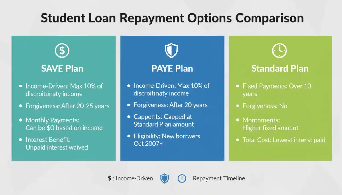 Comparison chart of three new federal student loan repayment plans