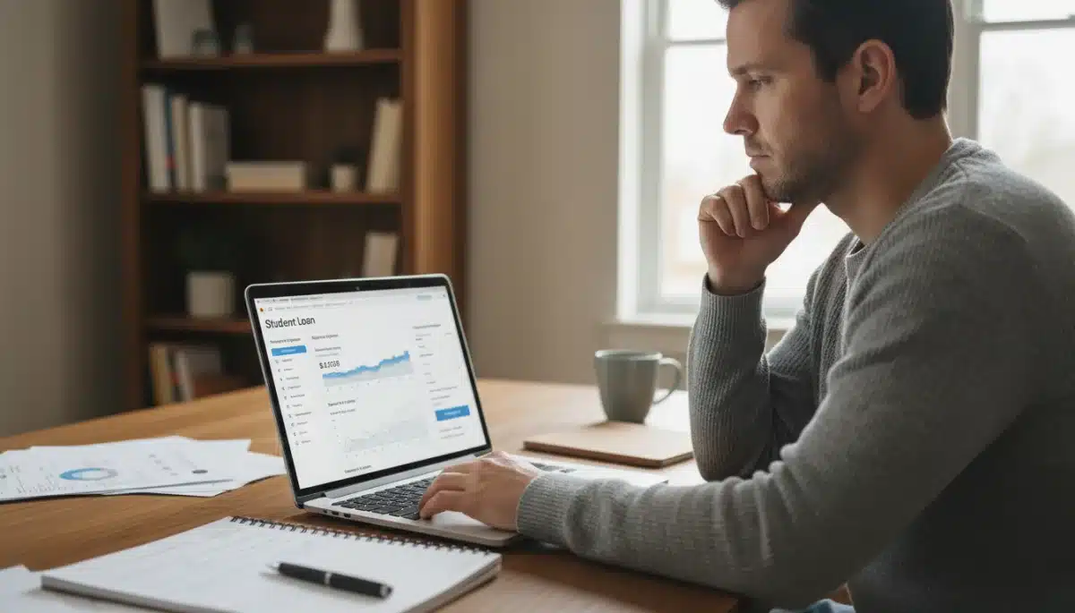 Individual evaluating student loan repayment options on a laptop