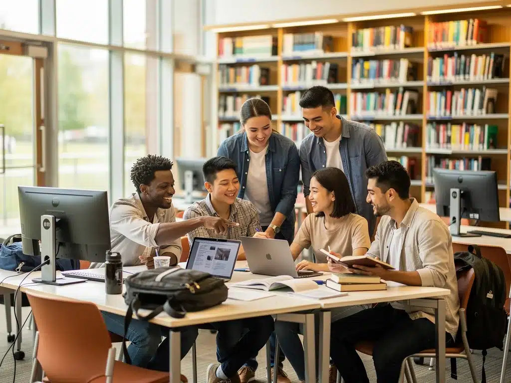 Diverse students collaborating in a modern university library, highlighting academic success