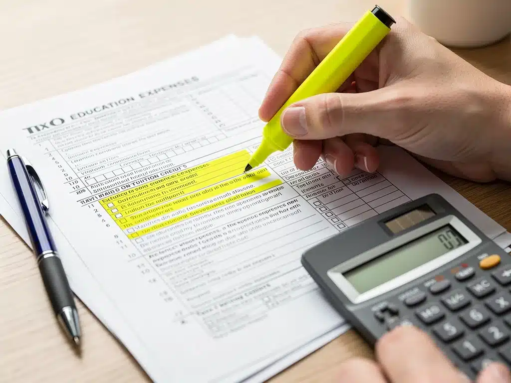 Hand highlighting education expenses on tax form