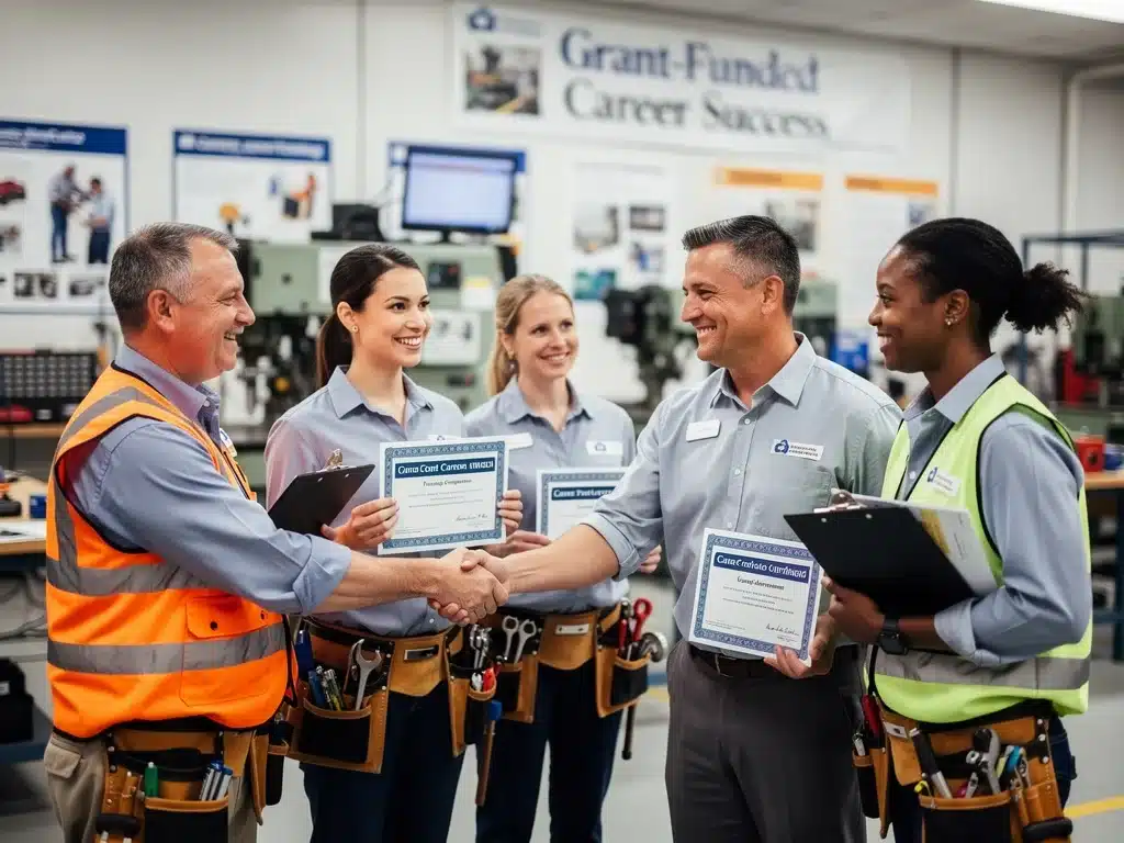 Successful vocational training graduates shaking hands, representing career opportunities.