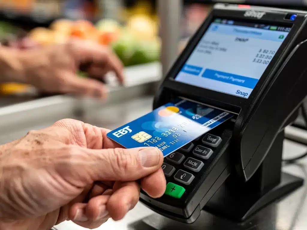 EBT card being swiped at a grocery store checkout, illustrating practical use of SNAP food assistance.