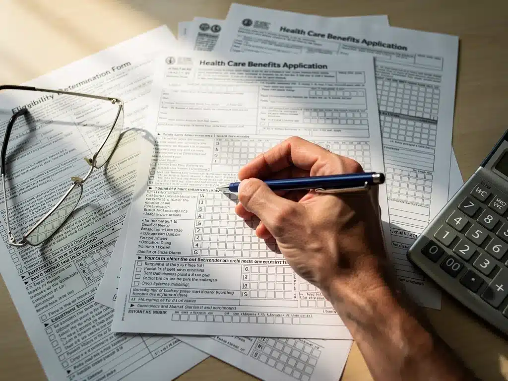 Person meticulously filling out Medicaid eligibility forms