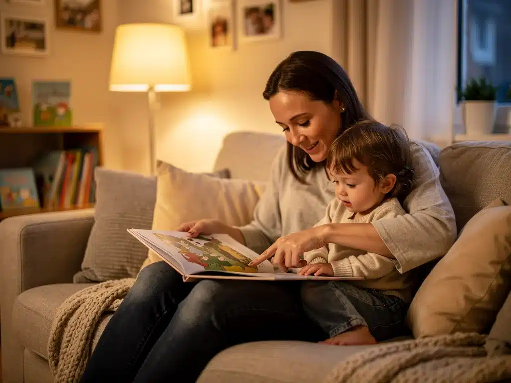 Parent and child reading together at home, fostering literacy.