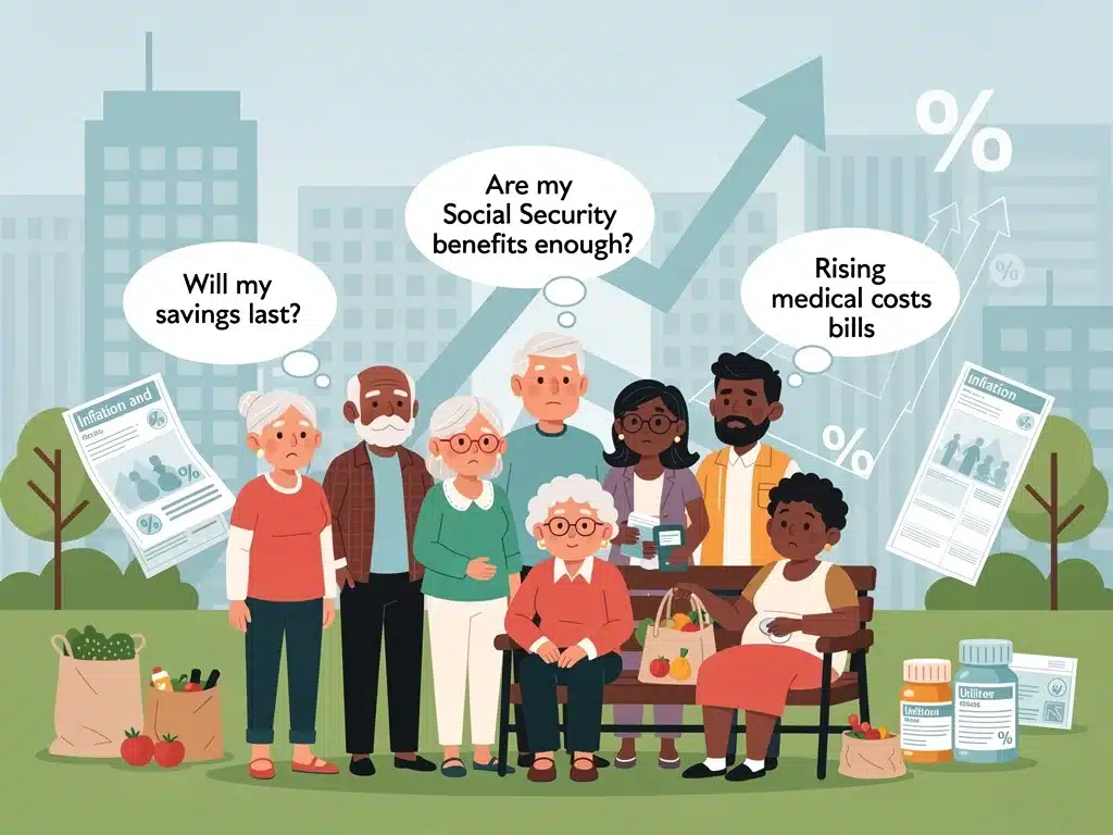 Diverse group of retirees contemplating their Social Security benefits and financial future.