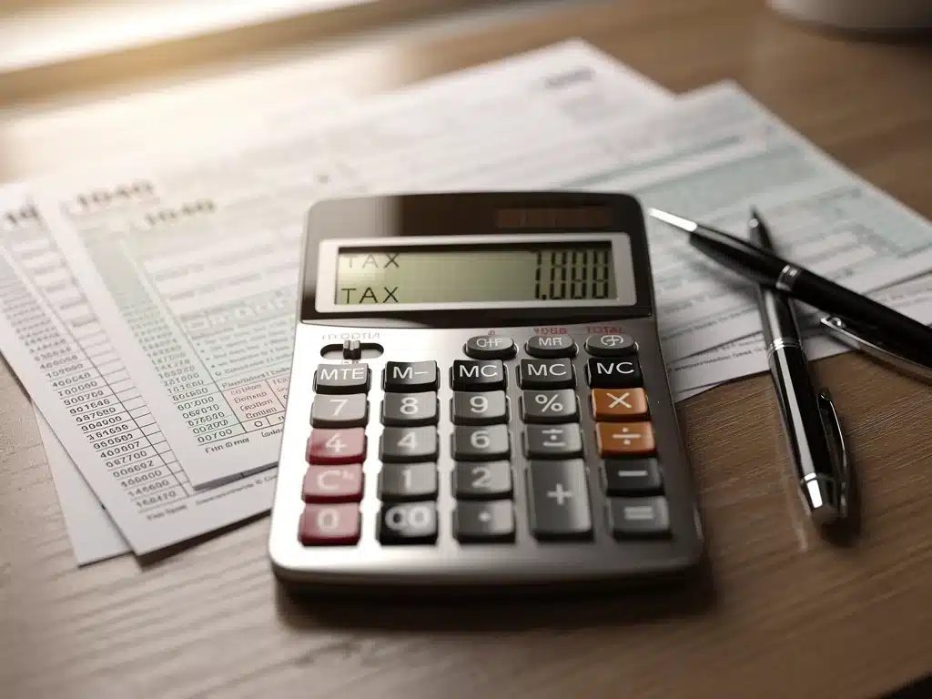 Calculator and tax forms, symbolizing financial planning for Child Tax Credit.