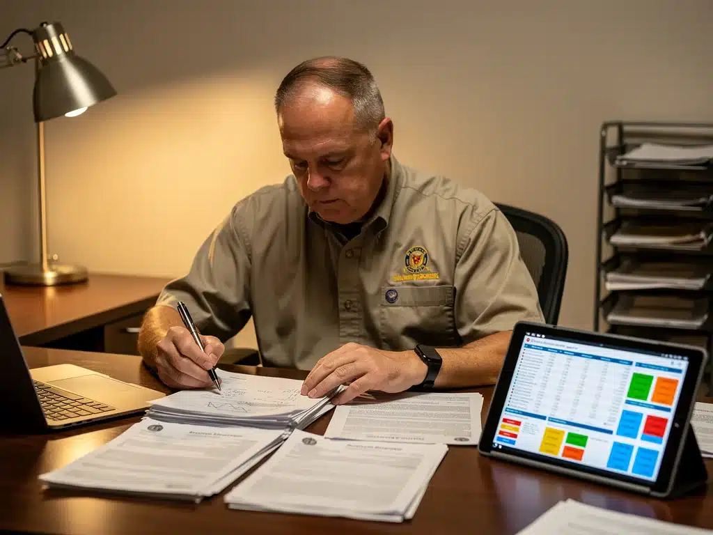 Veteran reviewing financial documents for benefit claims