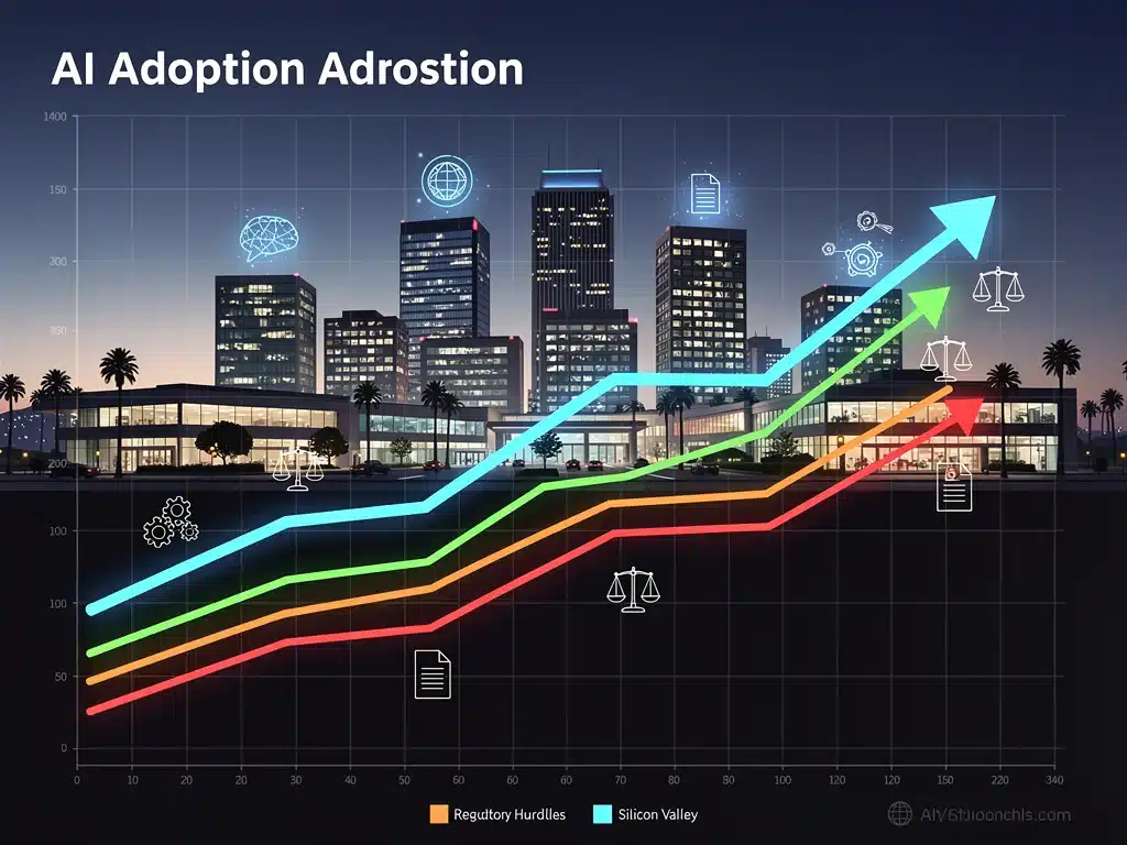 Infographic showing AI adoption trends intersected by regulatory hurdles.