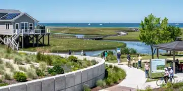 Coastal community protected by new climate resilience infrastructure