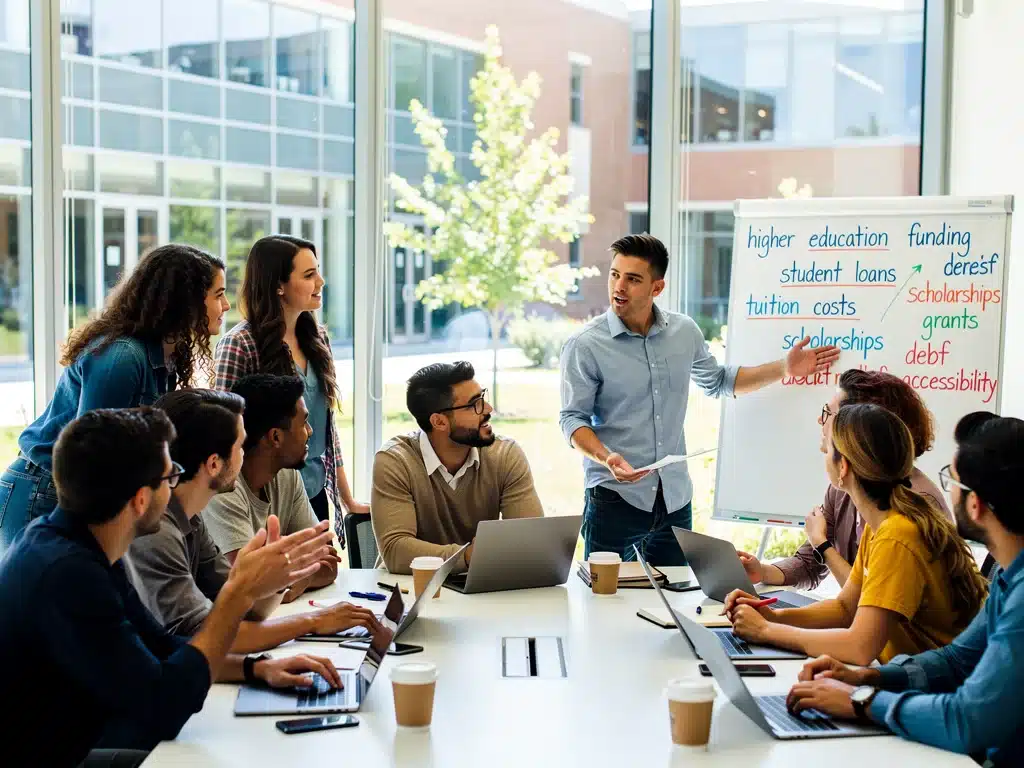 College students discussing higher education funding policies