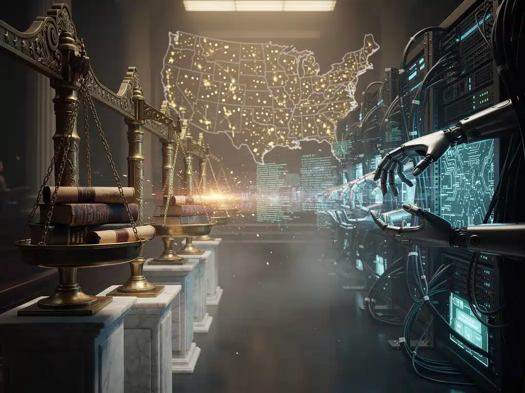 Legislative scales balancing tech innovation and AI regulation.