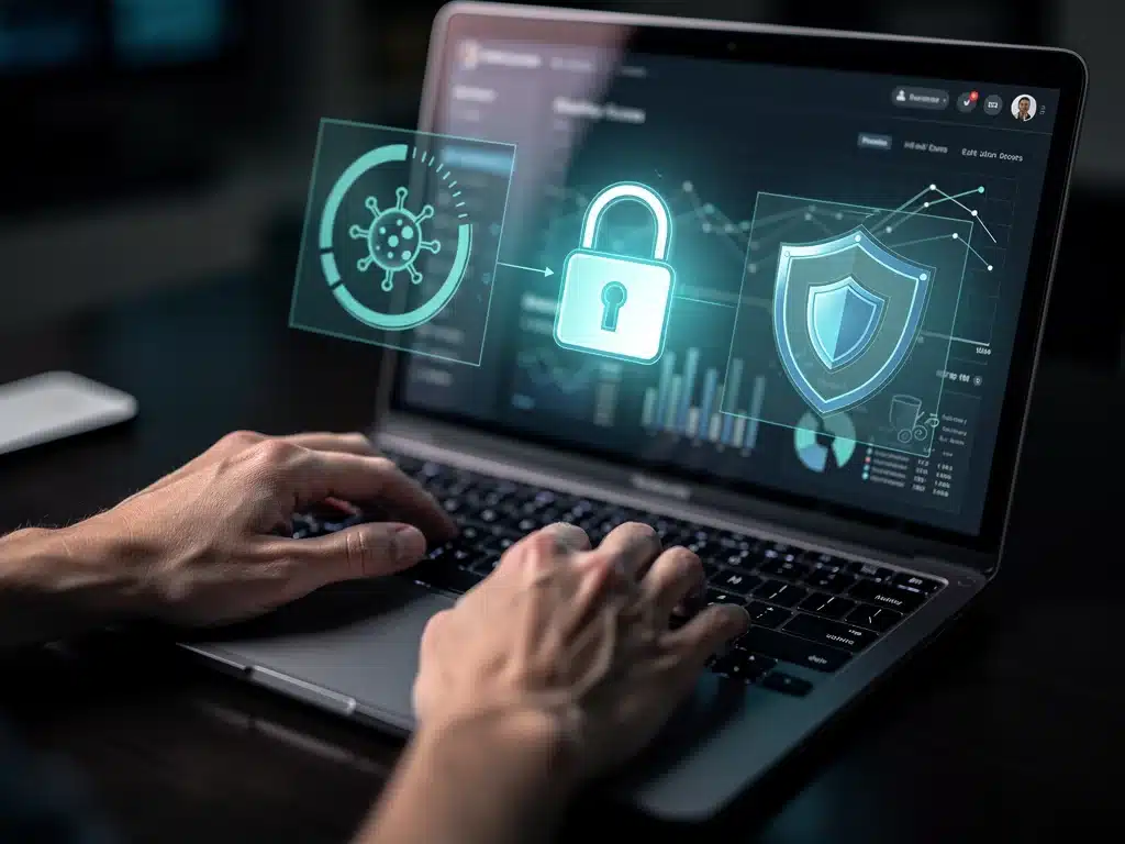 Person taking proactive cybersecurity measures on laptop